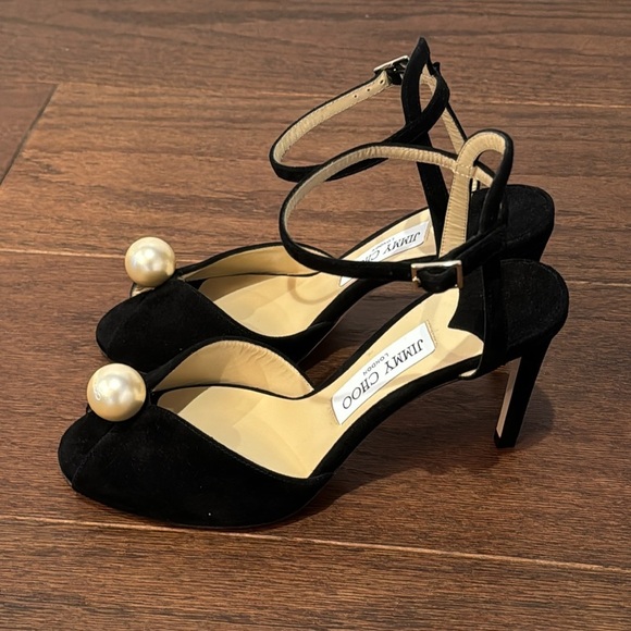 NWT Jimmy Choo Women's Black Suede Sacora 85 Embellished Heel Sandals Size 38.5 - Picture 8 of 14